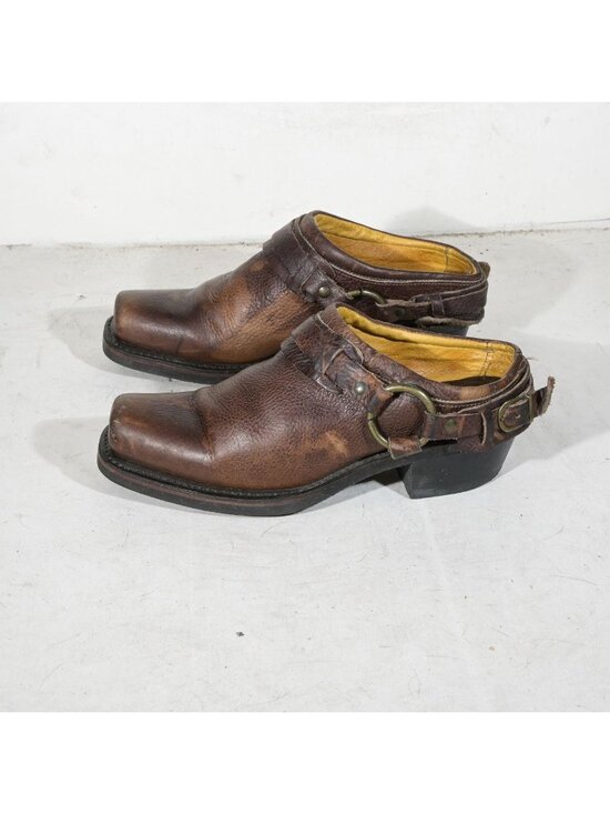 Frye Shoes - Vintage Frye Belted Harness Mule 70760-2 Brown Square Toe Pebbled Leather Slip O